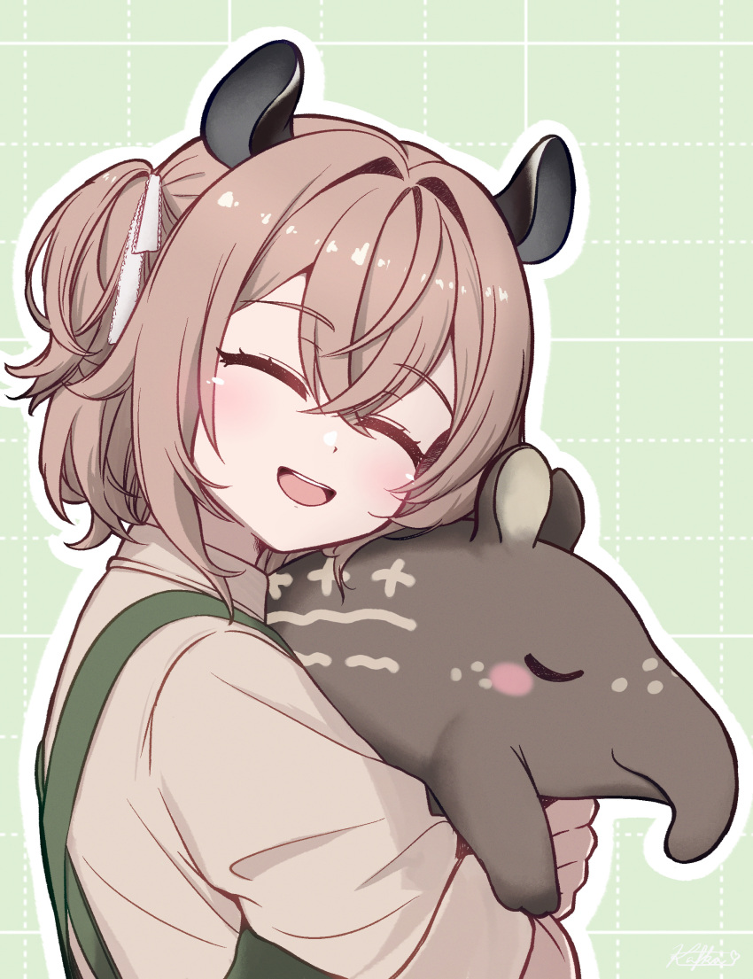 1girl, absurdres, animal, animal_ears, animal_hug, apron, blush, brown_hair