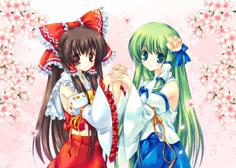 ascot, blue_eyes, bow, brown_hair, cherry_blossoms, detached_sleeves, flower, fukase_ayaka
