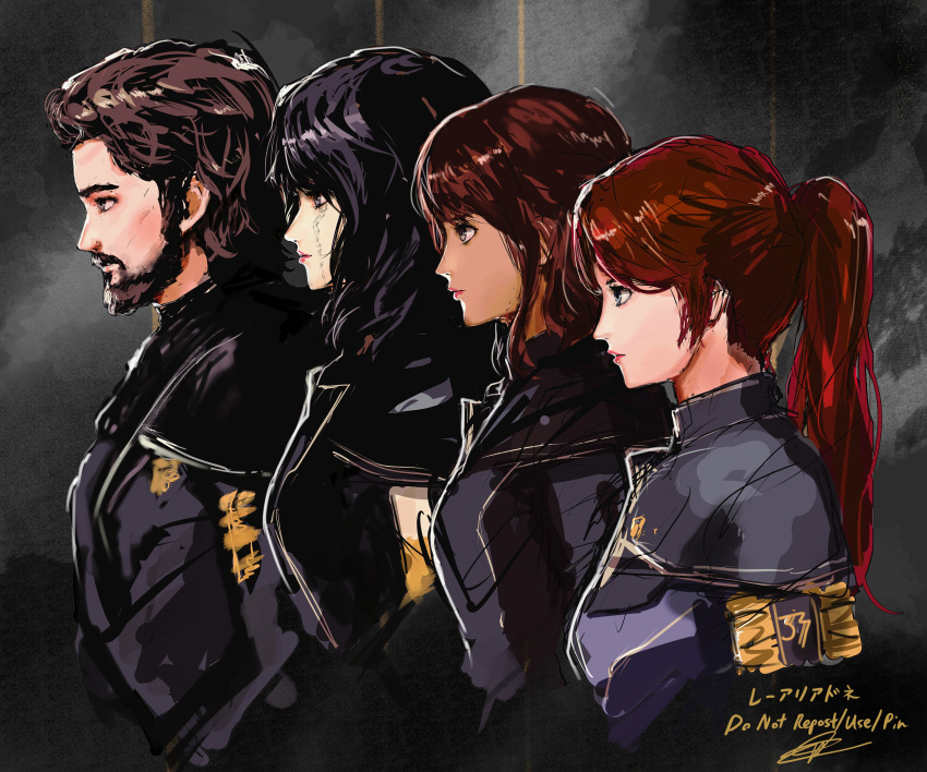 1boy, 3girls, absurdres, artist_name, beard, black_coat, black_hair, blue_eyes