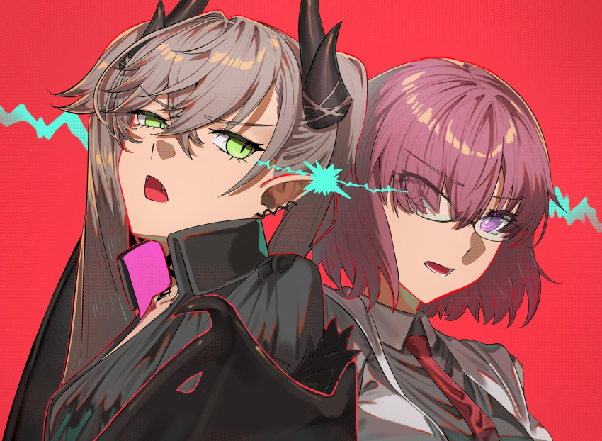 2girls, angry, bat_wings, breasts, demon_horns, dora_(jcyw8334), earrings, fangs