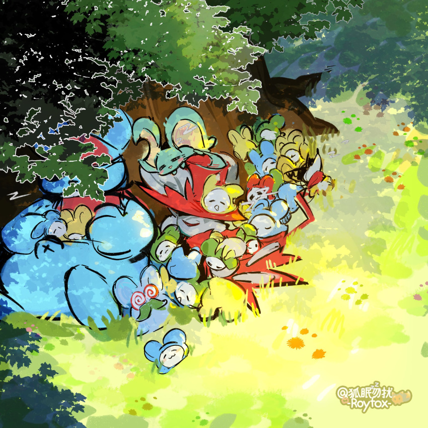 6+boys, closed_eyes, closed_mouth, daroach, doc_(kirby), drooling, elfilin, grass
