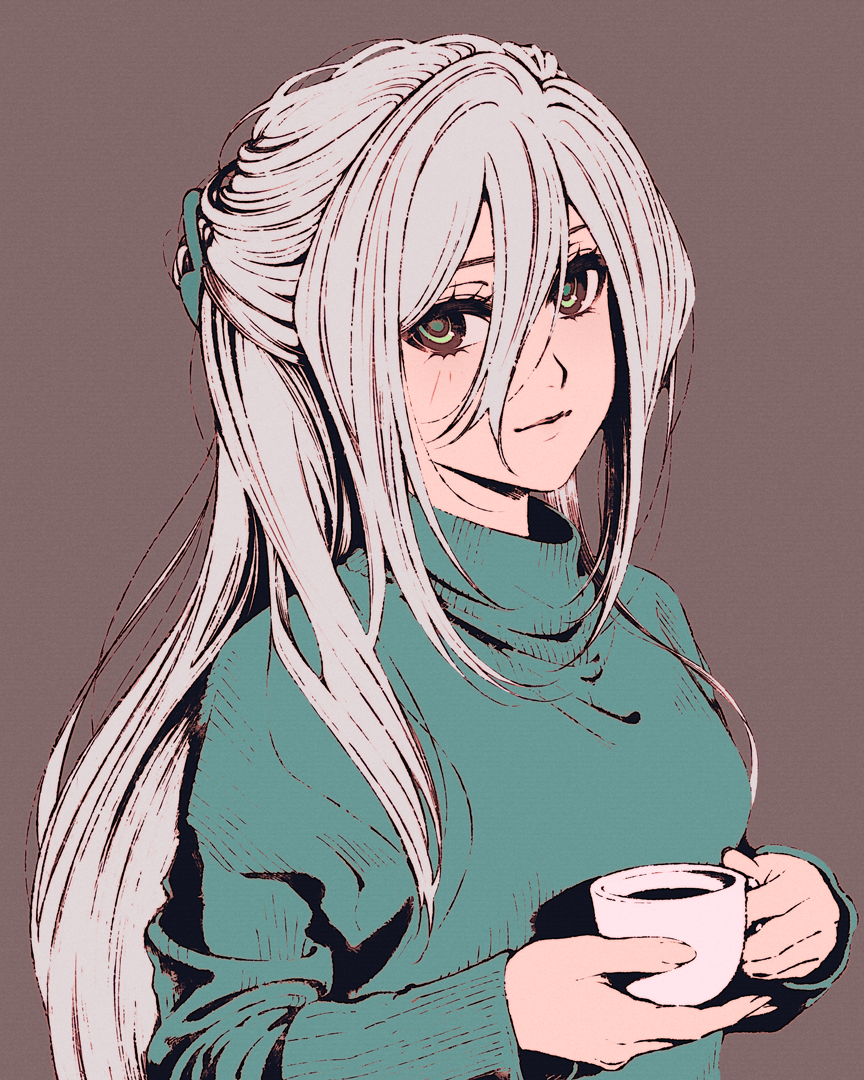 1girl, brown_background, brown_eyes, closed_mouth, coffee_mug, commentary, cup, green_sweater