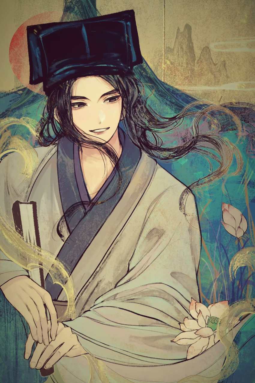 1boy, absurdres, bishounen, black_eyes, black_hair, black_hat, chinese_clothes, chinese_commentary