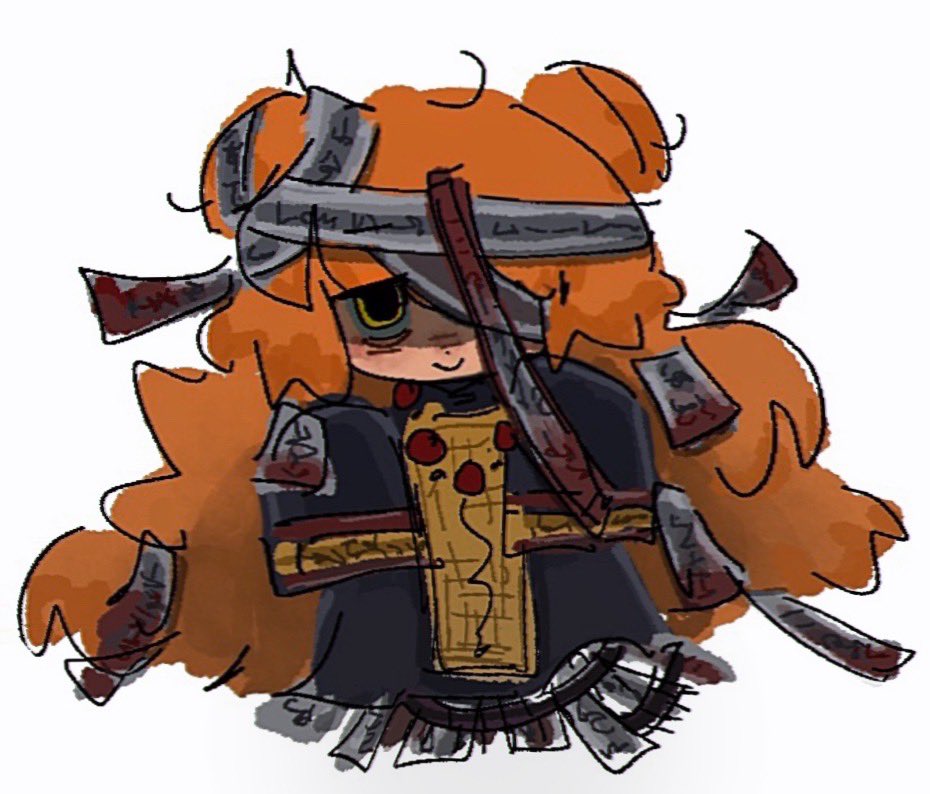 1girl, bandage_over_one_eye, blood, chibi, chibi_only, double_bun, hair_bun, hashtag-only_commentary