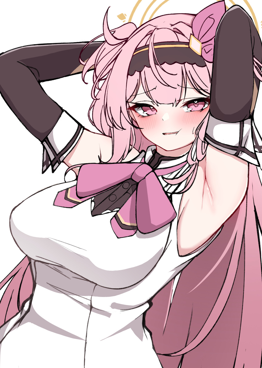 1girl, 5danny1206, absurdres, armpits, arms_behind_head, arms_up, black_gloves, black_hairband