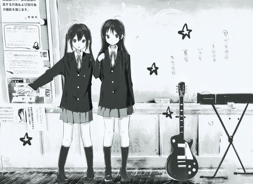 2girls, absurdres, akiyama_mio, blazer, chalkboard, classroom, electric_guitar, gibson_les_paul, greyscale, guitar, highres, hos1_i, indoors, instrument, jacket, k-on!, keyboard_(instrument), kneehighs, loafers, long_hair, looking_at_viewer, monochrome, multiple_girls, nakano_azusa, pleated_skirt, school_uniform, shirt, shoes, skirt, socks, standing, star_(symbol), twintails