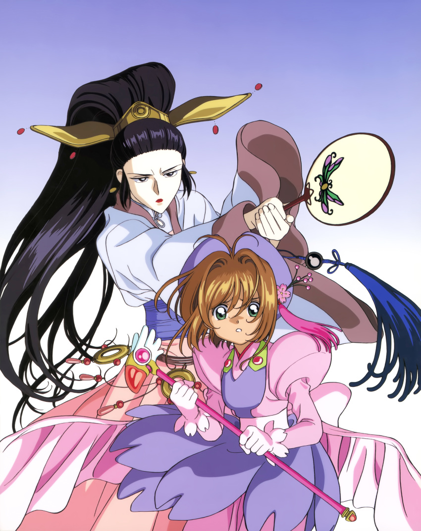 1990s_(style), 2girls, absurdres, antenna_hair, black_hair, brown_hair, cardcaptor_sakura, clamp_(circle)
