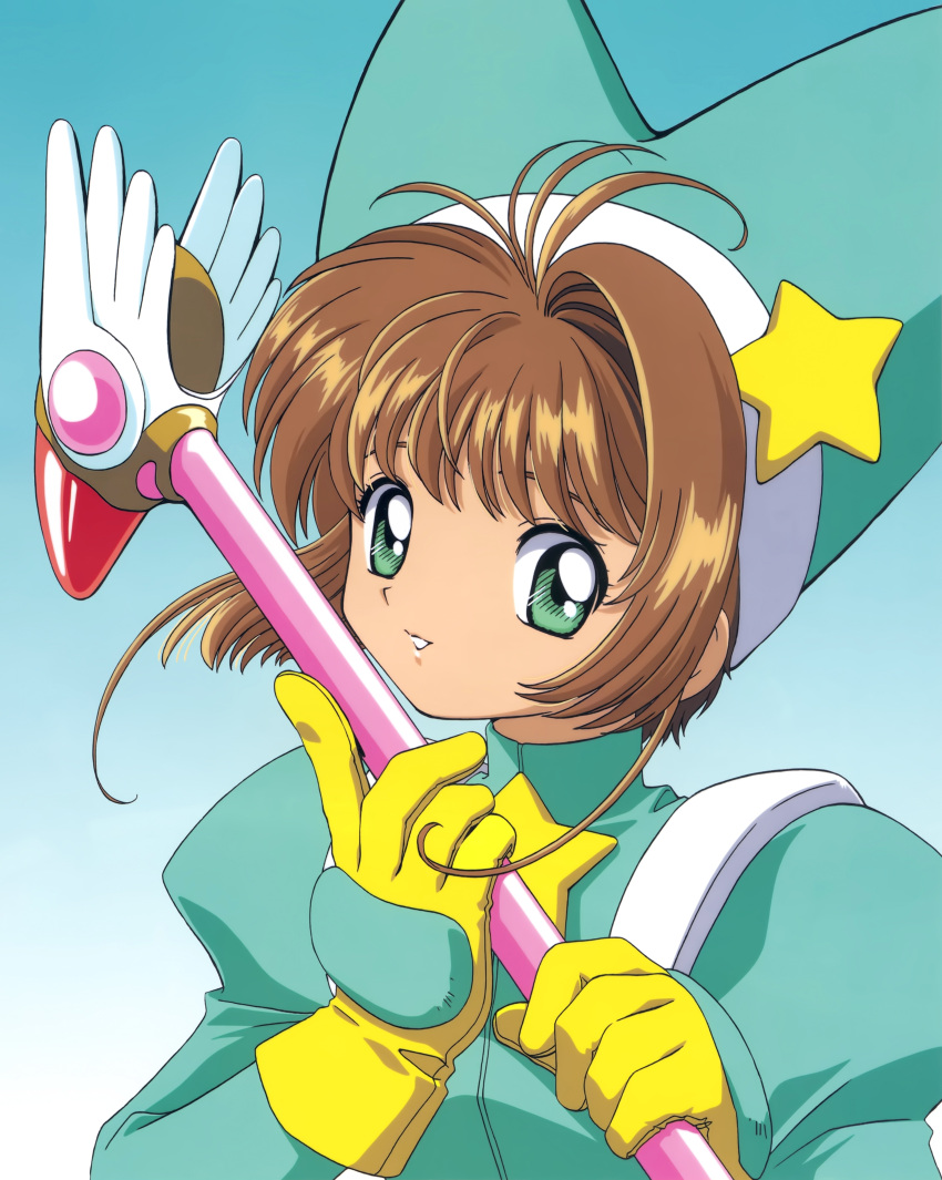 1990s_(style), 1girl, absurdres, antenna_hair, brown_hair, cardcaptor_sakura, fuuin_no_tsue, gloves, green_background, green_eyes, green_hat, green_shirt, green_theme, hair_intakes, hat, hat_ornament, highres, holding, holding_wand, kinomoto_sakura, kinomoto_sakura_(green_arrow_costume), looking_at_viewer, official_art, parted_lips, retro_artstyle, shirt, short_hair, simple_background, smile, solo, star_(symbol), star_hat_ornament, takahashi_kumiko, upper_body, wand, yellow_gloves