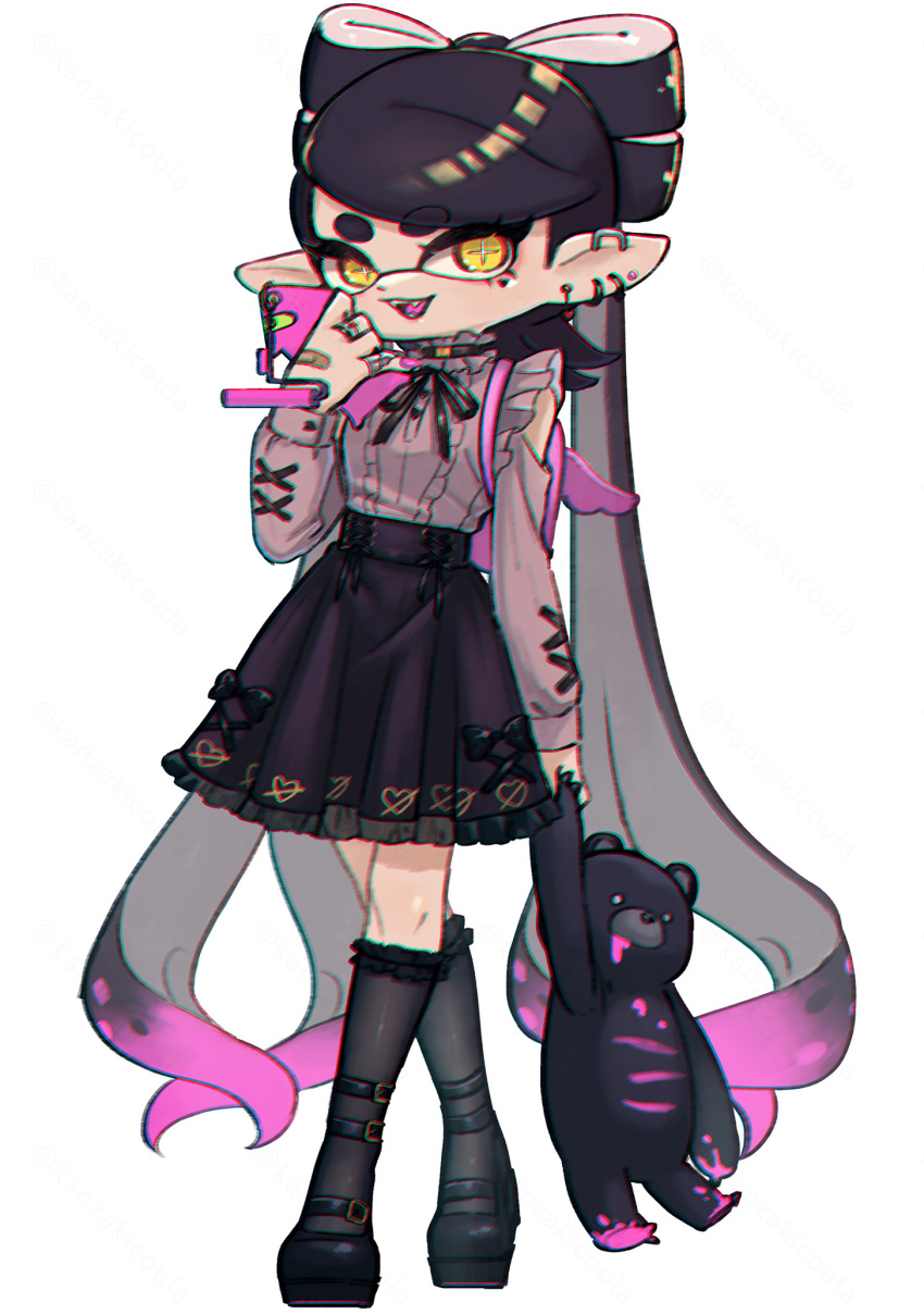 1girl, :3, ankle_belt, bandaid, bandaid_on_hand, black_bow, black_choker, black_hair, black_ribbon, black_sash, black_shoes, black_skirt, black_socks, bow, bow-shaped_hair, callie_(splatoon), cellphone, choker, chromatic_aberration, clothing_cutout, collar, collared_shirt, commentary_request, coula_cat, cross-laced_clothes, cross-laced_sleeves, cross-shaped_pupils, crossed_legs, dot_nose, earrings, fangs, fingernails, frilled_collar, frilled_skirt, frilled_socks, frills, full_body, gothic_lolita, grey_shirt, grimace, heart, highres, holding, holding_phone, holding_stuffed_toy, ink, inkling, jewelry, kneehighs, lace-trimmed_skirt, lace_trim, large_teddy_bear, lolita_fashion, long_fingernails, long_hair, mary_janes, medium_skirt, mole, mole_under_eye, multicolored_hair, multiple_earrings, neck_ribbon, off-shoulder_shirt, off_shoulder, open_mouth, phone, pink_hair, pink_nails, pleated_skirt, pointy_ears, ribbon, sash, shirt, shoes, shoulder_cutout, simple_background, skirt, smartphone, socks, solo, splat_roller_(splatoon), splatoon_(series), stuffed_animal, stuffed_toy, swept_bangs, symbol-shaped_pupils, teddy_bear, tentacle_hair, tentacles, thick_eyebrows, thick_eyelashes, twintails, two-tone_hair, very_long_hair, waist_sash, white_background, yellow_eyes