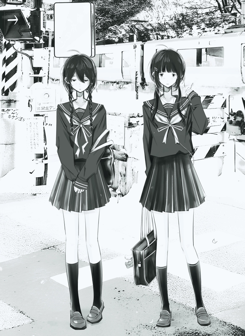2girls, absurdres, bag, braid, greyscale, highres, holding, holding_bag