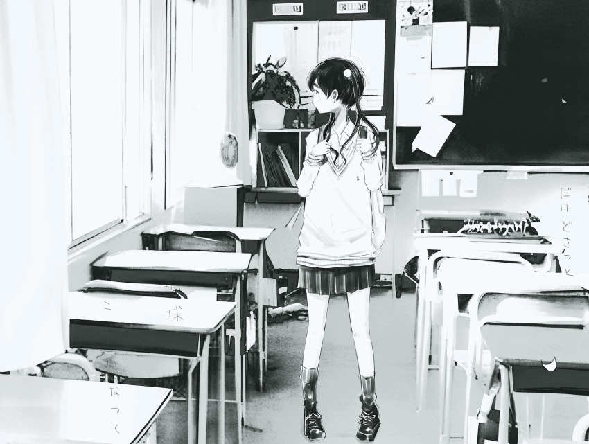 1girl, absurdres, backpack, bag, cardigan, chair, chalkboard, classroom