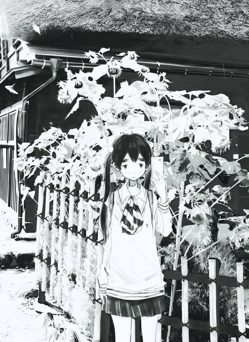 1girl, absurdres, ascot, cardigan, cellphone, dead_dead_demons_de_dedede_destruction, fence, greyscale