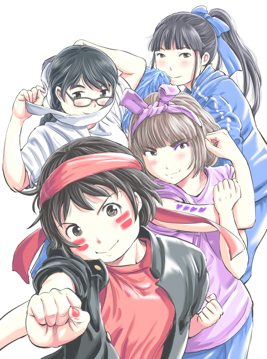 4girls, absurdres, belt, blue_hairband, blue_track_suit, bodypaint, bow, braid