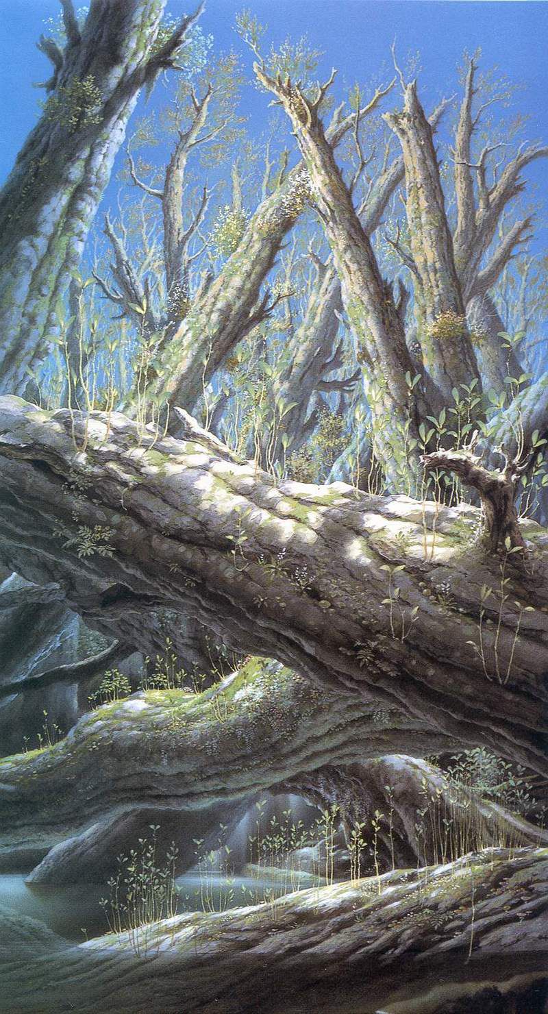 bare_tree, blue_sky, day, forest, highres, mononoke_hime, moss, nature, no_humans, official_art, outdoors, overgrown, painting_(medium), realistic, scan, sky, studio_ghibli, sunlight, third-party_source, traditional_media, tree, water, yamamoto_nizo