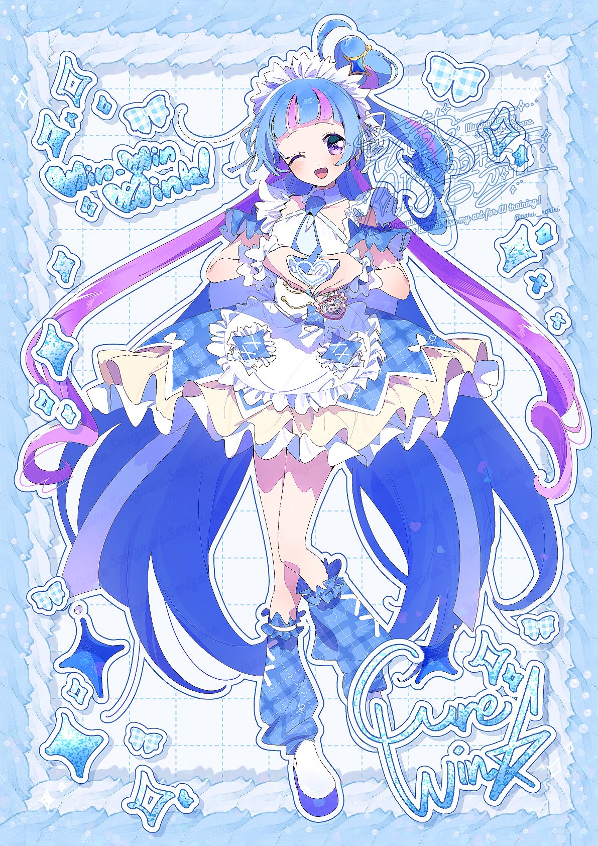 1girl, adapted_costume, alternate_costume, aokaze_nana, apron, bare_shoulders, blue_border, blue_dress