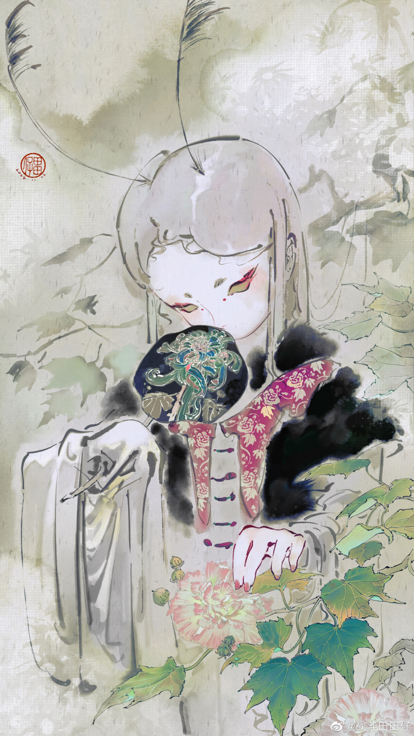 1girl, absurdres, antennae, aqiu4682, artist_name, black_robe, brown_eyes, chinese_commentary, commentary_request, covered_mouth, cropped_torso, flower, fog, grey_background, grey_hair, grey_shirt, hand_fan, highres, holding, holding_fan, leaf, long_hair, long_sleeves, nail_polish, original, pink_flower, pink_nails, procreate_(medium), robe, shirt, solid_eyes, solo, straight_hair, tuanshan, water_lily_flower, watermark, weibo_watermark, wide_sleeves