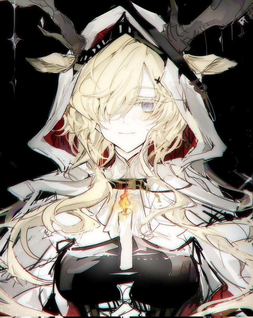 1girl, animal_ears, antlers, aqua_eyes, arknights, black_background, blonde_hair, blush, breasts, candle, candlestand, chromatic_aberration, colored_eyelashes, corrupted_twitter_file, cross_hair_ornament, fire, floating, floating_candle, framed_breasts, hair_ornament, hair_over_one_eye, high_collar, highres, hood, hood_up, hooded_jacket, horns, jacket, large_breasts, light_smile, long_bangs, long_sidelocks, looking_at_viewer, moose_antlers, moose_ears, parted_bangs, portrait, short_hair, sidelocks, sketch, solo, straight-on, tunaguri_(dalang-eopo), viviana_(arknights), white_jacket