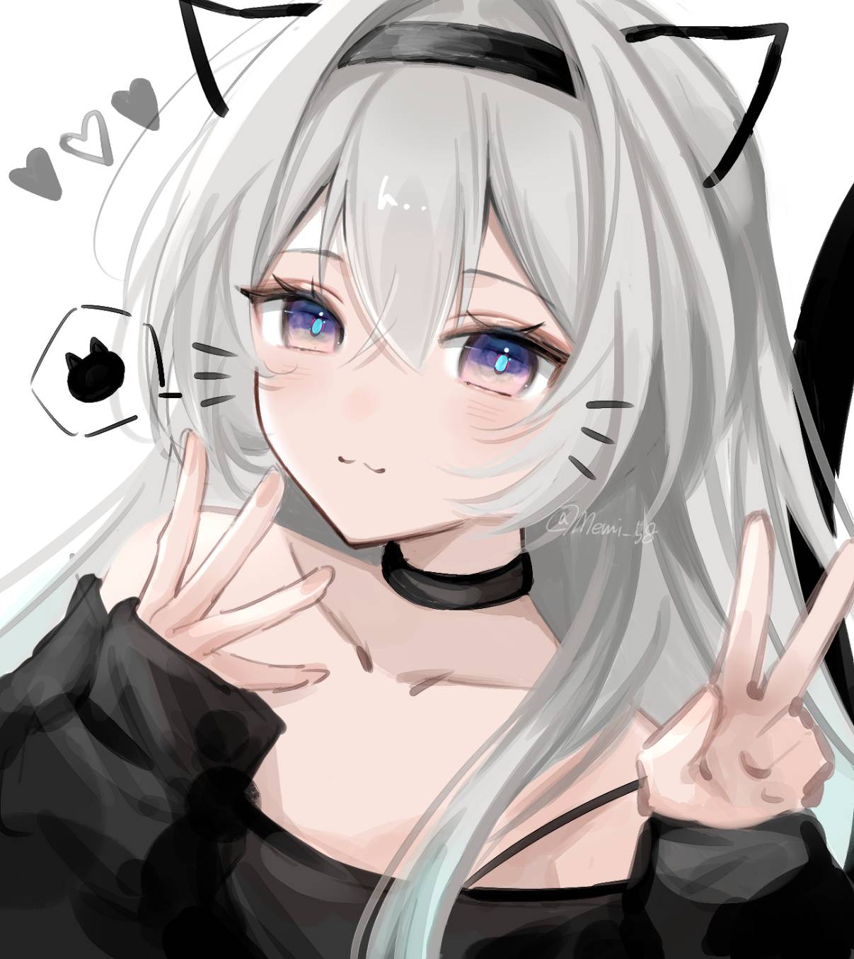 1girl, :3, animal_ears, bare_shoulders, black_choker, black_hairband, black_sleeves, black_tail, blush, cat_ears, cat_tail, choker, collarbone, firefly_(honkai:_star_rail), gradient_eyes, green_pupils, grey_hair, hair_between_eyes, hair_intakes, hairband, heart, highres, honkai:_star_rail, honkai_(series), long_sleeves, memi_58, multicolored_eyes, simple_background, smile, solo, tail, twitter_username, two-tone_eyes, v, whiskers, white_background