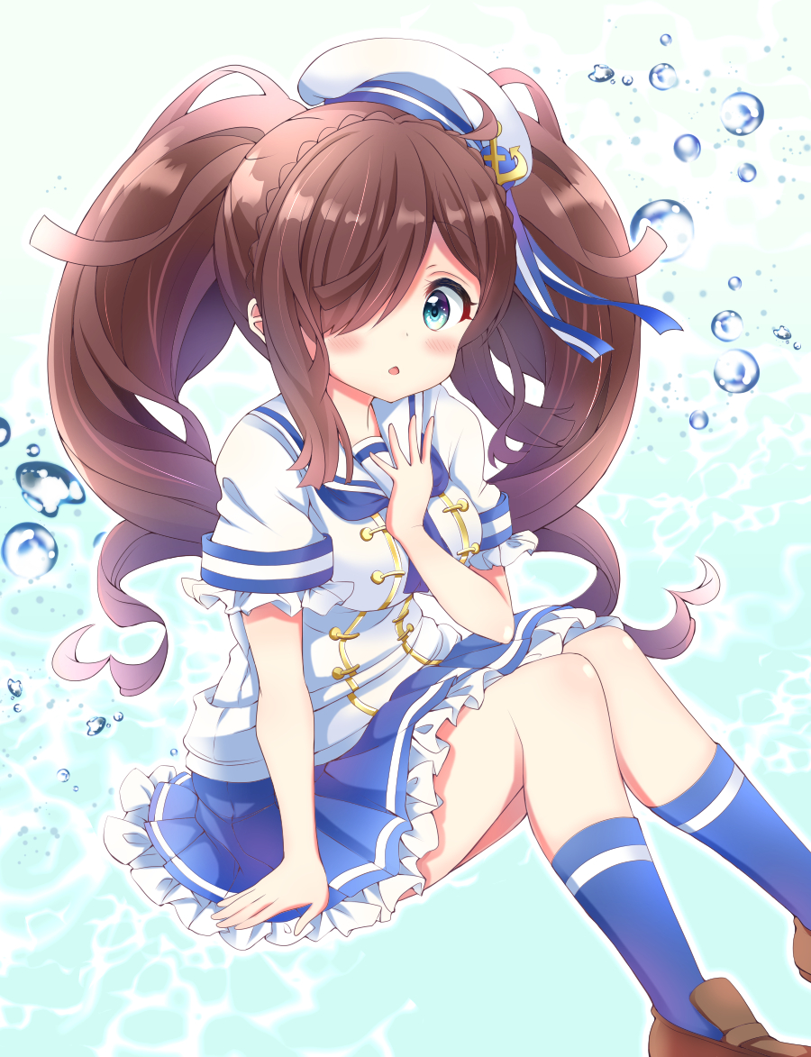 1girl, :o, aqua_background, aqua_eyes, arm_at_side, ben_awa, bloom, blue_skirt