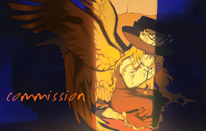 1girl, absurdres, angel_wings, black_hat, black_skirt, black_vest, blonde_hair, collared_shirt