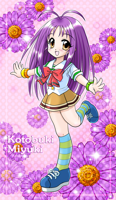 :p, ahoge, bow, bracelet, brown_eyes, flower, footwear, happy