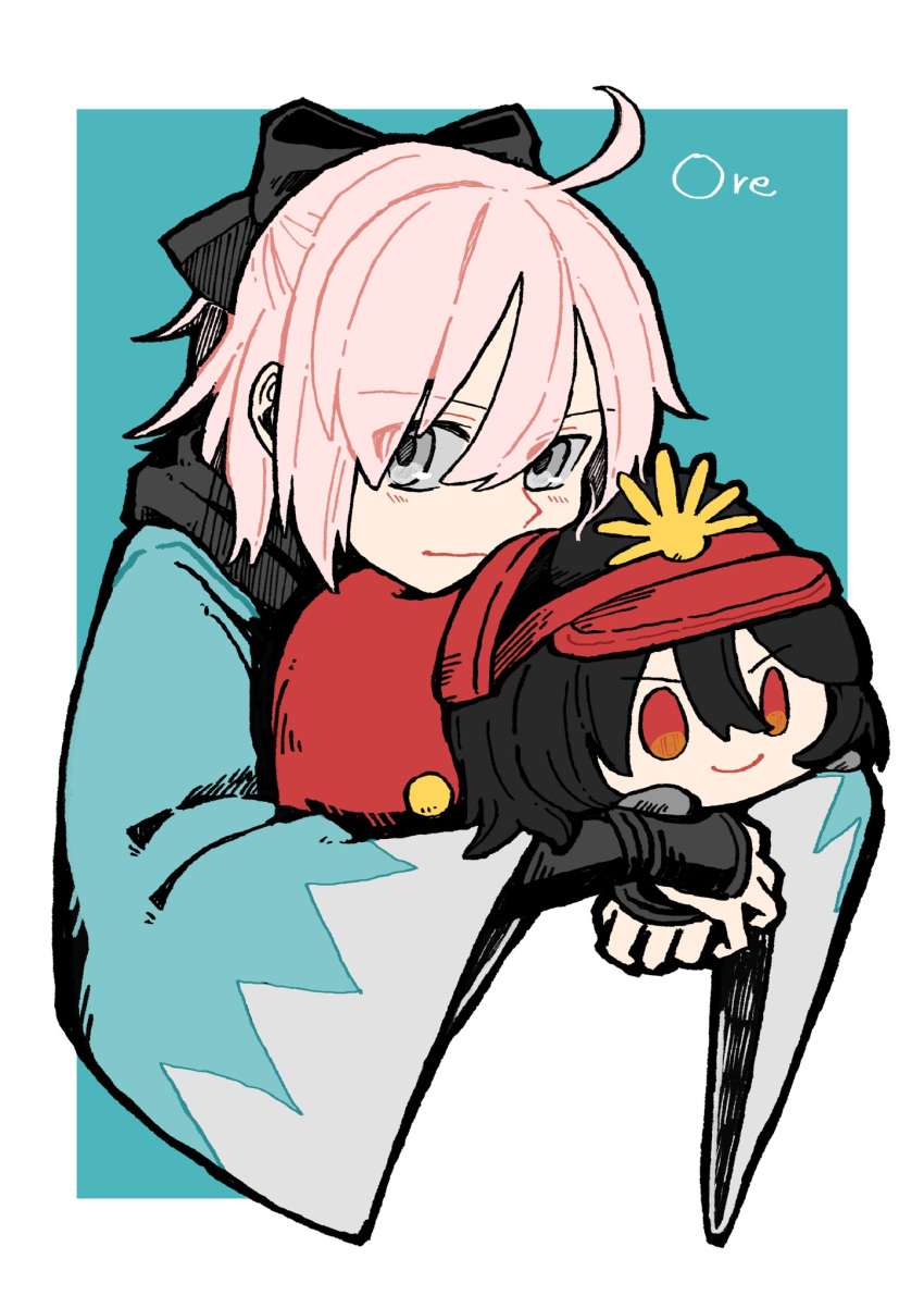 1girl, ahoge, arm_guards, artist_name, black_bow, black_scarf, blue_background, blush