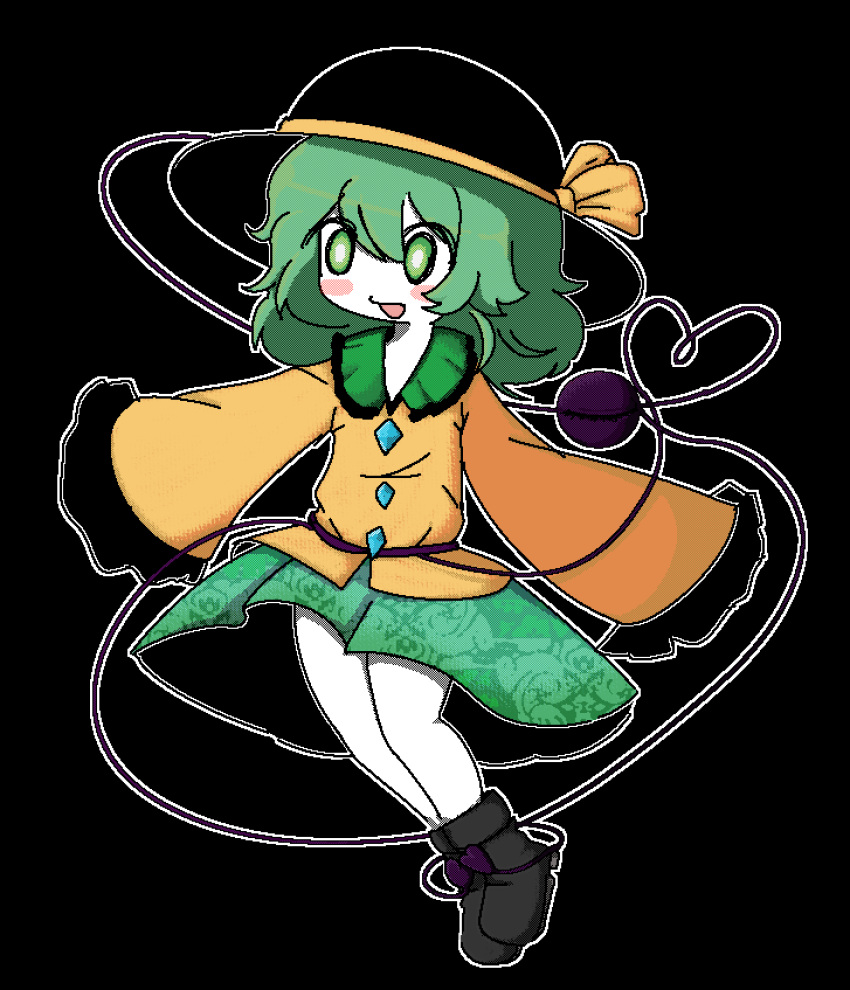 1girl, :d, absurdres, black_hat, blush, boots, bow, buttons