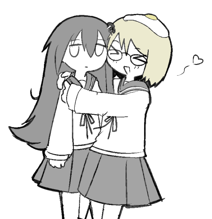 >_<, 2girls, black_hair, blank_eyes, blonde_hair, closed_eyes, egg_hair_ornament, food-themed_hair_ornament, glasses, hair_ornament, happy, hug, long_hair, multiple_girls, mushroom, mushroom_hair_ornament, neppyseagull, open_mouth, school_uniform, shimeji_simulation, short_hair, skirt, smile, tsukishima_shijima, white_background, yamashita_majime