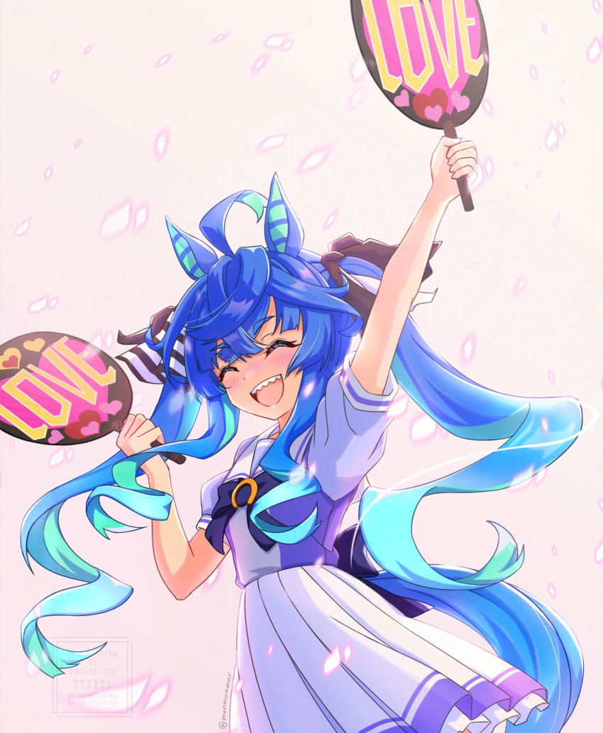 1girl, ^_^, ahoge, animal_ears, aqua_hair, arm_up, blue_hair, blush