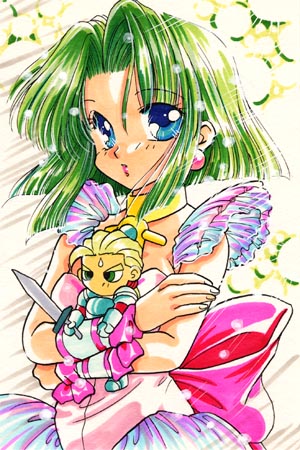 1girl, 90s, armor, bad_id, bangs, battle_arena_toshinden, blonde_hair, blue_eyes