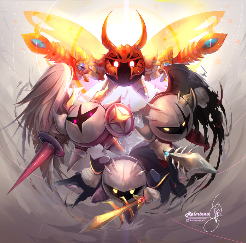 armor, butterfly_wings, cape, dark_meta_knight, dual_wielding, feathers, galacta_knight, galaxia_(sword), gloves, glowing, glowing_eyes, highres, holding, holding_polearm, holding_sword, holding_weapon, horns, insect_wings, kirby_(series), lance, mask, meta_knight, morpho_knight, pauldrons, polearm, ralminno, shield, shoulder_armor, sword, torn_wings, weapon, white_gloves, wings, yellow_eyes