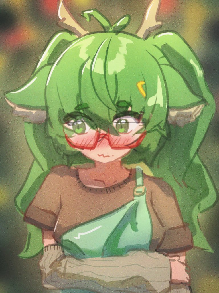 1girl, ahoge, animal_ears, antlers, black_shirt, blush, closed_mouth, deer_ears, eughfish, glasses, green_eyes, green_hair, green_overalls, hair_ornament, hairpin, haruka_karibu, haruka_karibu_(3rd_costume), horns, long_hair, looking_at_viewer, overalls, red-framed_eyewear, reindeer_antlers, reindeer_girl, shirt, short_eyebrows, solo, twintails, virtual_youtuber, vshojo