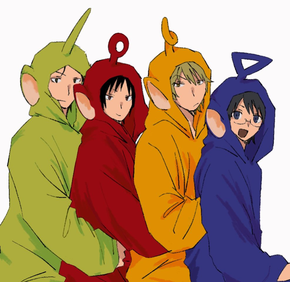 4boys, arms_around_waist, black_hair, blonde_hair, brown_eyes, brown_hair, commentary, cosplay