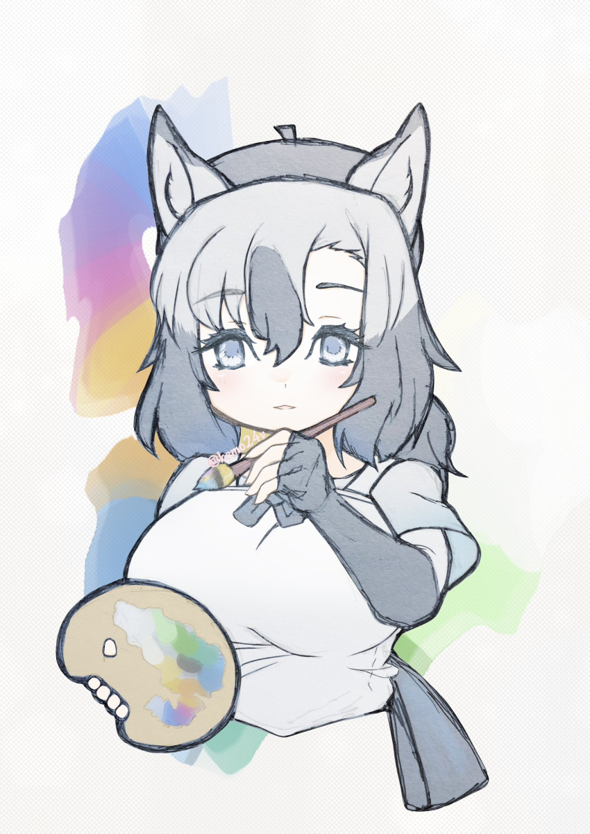 1girl, apron, beret, black_hat, blue_bow, blue_bowtie, blue_eyes, blue_shirt, blush, bow, bowtie, elbow_gloves, fingerless_gloves, gloves, grey_gloves, grey_hair, hair_between_eyes, hat, highres, kemo24vv, kemono_friends, kemono_friends_3, looking_at_viewer, multicolored_hair, paint_palette, paintbrush, ponytail, shirt, short_hair, short_sleeves, sidelocks, solo, t-shirt, tarpan_(kemono_friends), upper_body, white_apron, white_hair