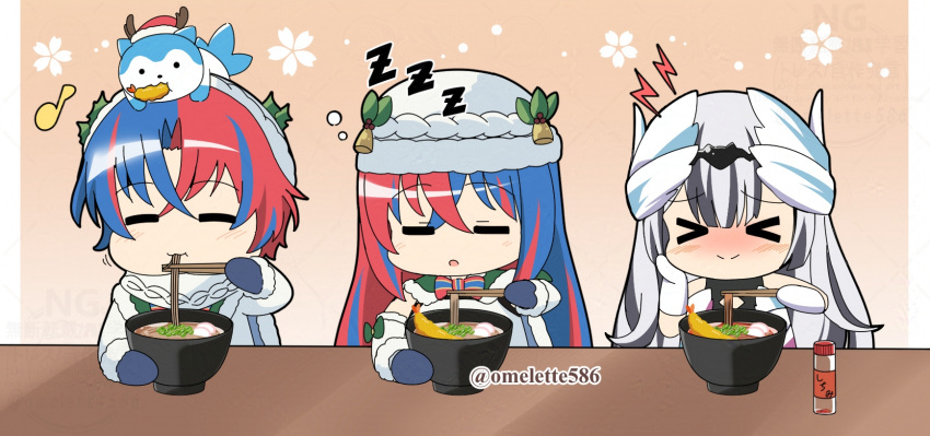 1boy, 1other, 2girls, antlers, aqua_fur, black_choker, blue_gloves, bowl, choker, chopsticks, crossed_bangs, deer_antlers, eating, facing_viewer, fake_antlers, female_alear_(fire_emblem), female_alear_(gifted_dragons)_(fire_emblem), fire_emblem, fire_emblem_engage, fire_emblem_heroes, food, fur_trim, fur_wrist_cuffs, gloves, hair_ornament, highres, horns, komurice, male_alear_(fire_emblem), male_alear_(gifted_dragons)_(fire_emblem), multicolored_hair, multiple_girls, noodles, ramen, sommie_(fire_emblem), split-color_hair, two-tone_fur, two-tone_hair, veyle_(fire_emblem), wavy_hair, white_fur, wing_hair_ornament, wrist_cuffs