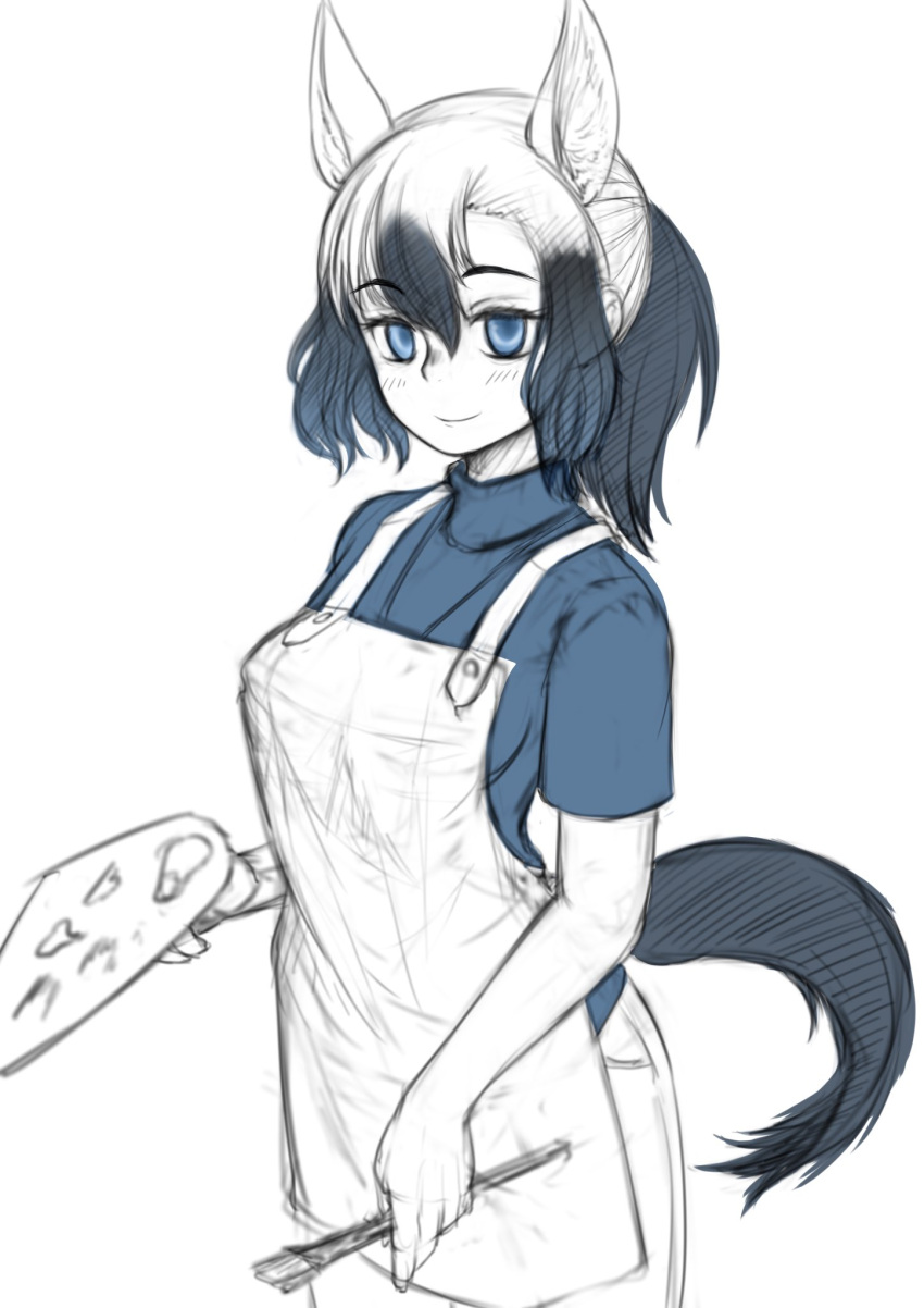 1girl, alternate_costume, animal_ears, aotsuki_tsutome, apron, blue_shirt, blush, casual