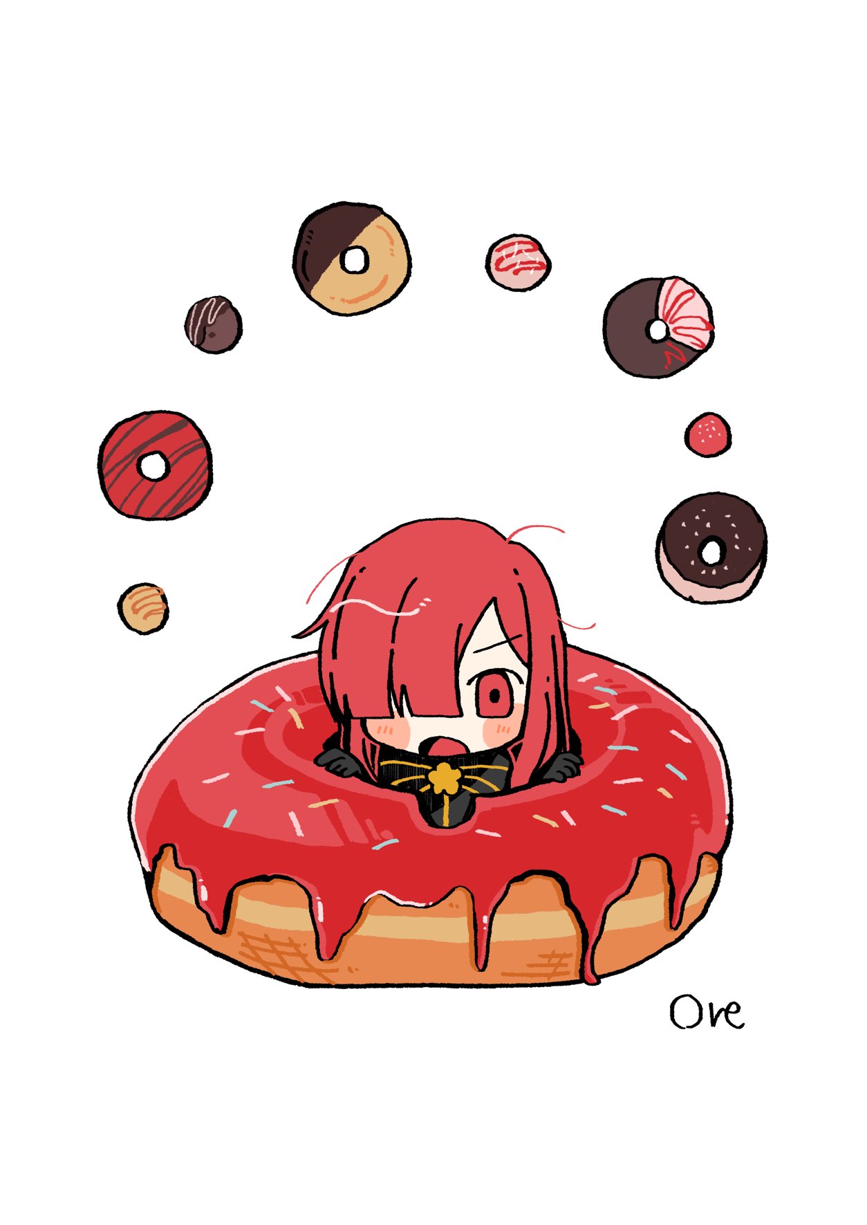 1girl, artist_name, black_bodysuit, black_gloves, blush, bodysuit, chibi, doughnut