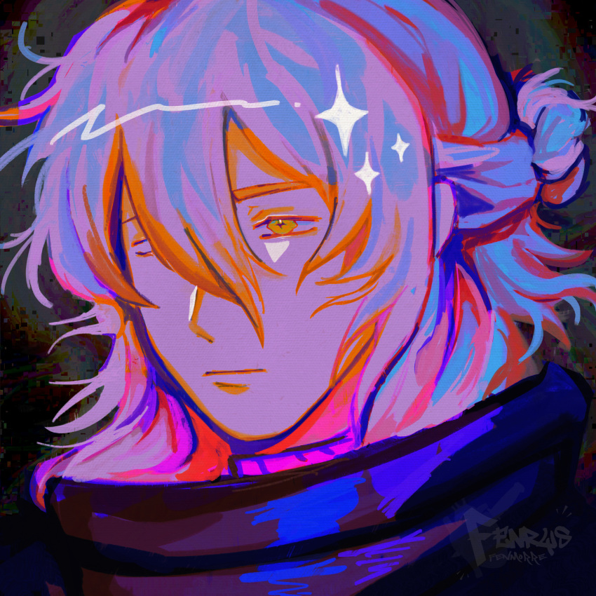1boy, abstract_back, ai_the_somnium_files, blonde_hair, chromatic_aberration, collared_jacket, date_kaname, exocorpsehq, expressionless, hair_bun, hair_over_eyes, high_collar, highres, jacket, male_focus, medium_hair, ponytail, portrait, short_ponytail, solo, sparkle, watermark, yellow_eyes
