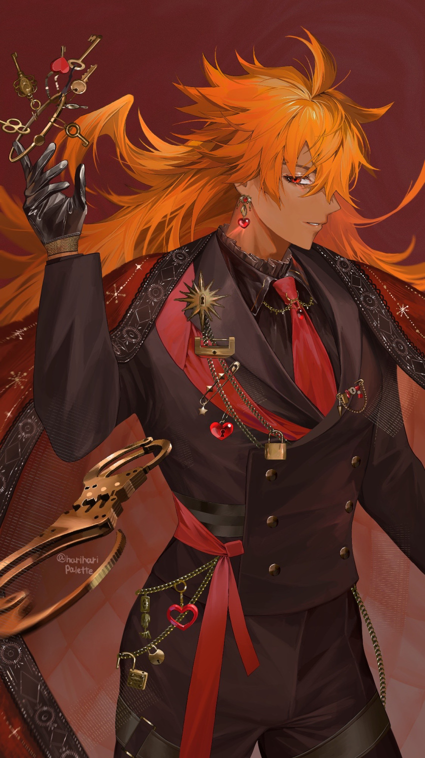1boy, alternate_costume, artist_name, black_gloves, black_jacket, black_pants, black_shirt, buttons, cape, collared_shirt, cowboy_shot, cuffs, dark-skinned_male, dark_skin, double-breasted, earrings, fate/grand_order, fate_(series), gloves, goetia_(fate), hair_between_eyes, hand_up, handcuffs, hariharipalette, heart-shaped_lock, highres, jacket, jewelry, keyring, king_of_men_goetia_(fate), lock, long_hair, long_sleeves, male_focus, necktie, orange_hair, pants, parted_lips, red_background, red_cape, red_eyes, red_necktie, shirt, simple_background, smile, solo, twitter_username, wing_collar