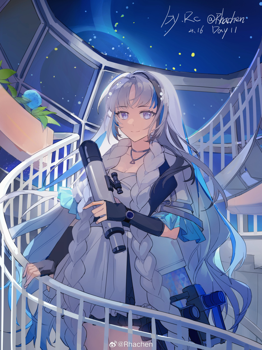 1girl, absurdres, black_gloves, blue_eyes, blue_flower, blue_hair, chinese_commentary, dress