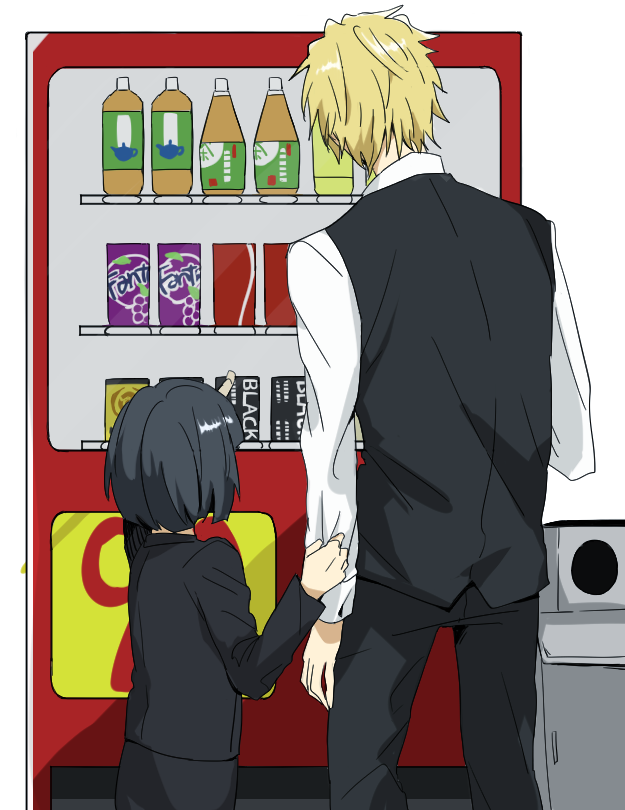 1boy, 1girl, age_difference, awakusu_akane, bartender, black_hair, blonde_hair, child