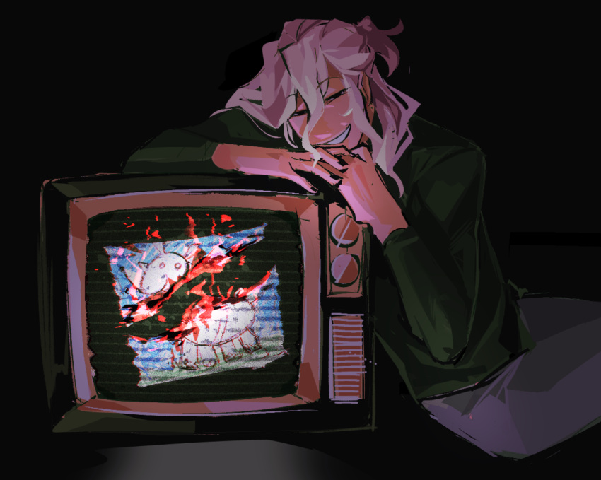 1boy, ai_the_somnium_files, black_shirt, blood, child's_drawing, grey_pants, grin, hair_between_eyes