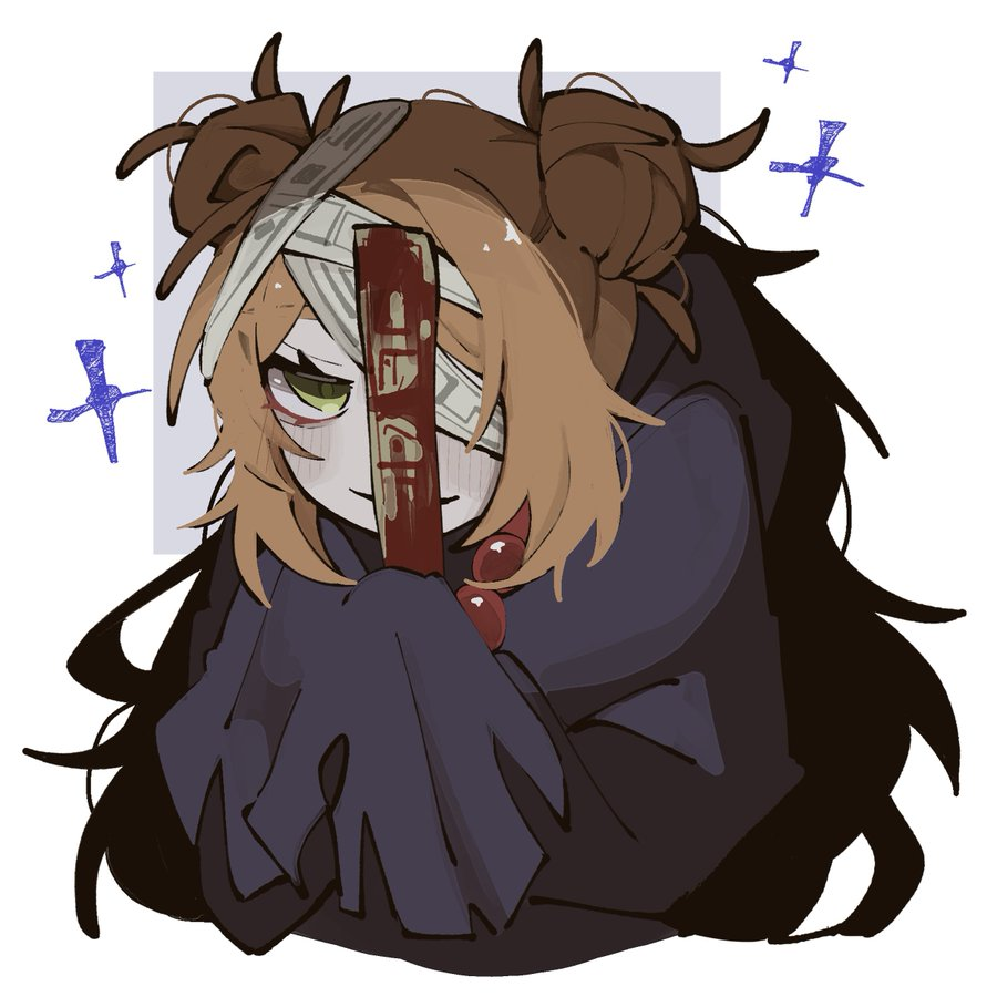 1444tmt, bandages, beads, black_shirt, blood, double_bun, green_eyes, hair_bun, hundred-footed_death_maggot_(e.g.o), ishmael_(project_moon), limbus_company, long_hair, long_sleeves, messy_hair, one_eye_covered, orange_hair, prayer_beads, project_moon, shirt, simple_background, sleeves_past_fingers, sleeves_past_wrists, sparkle, talisman, torn_clothes, torn_sleeves