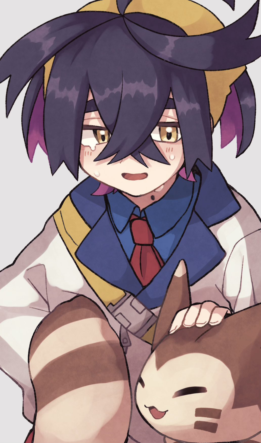 1boy, black_hair, blue_shirt, blush, closed_eyes, collared_shirt, crossed_bangs, crying