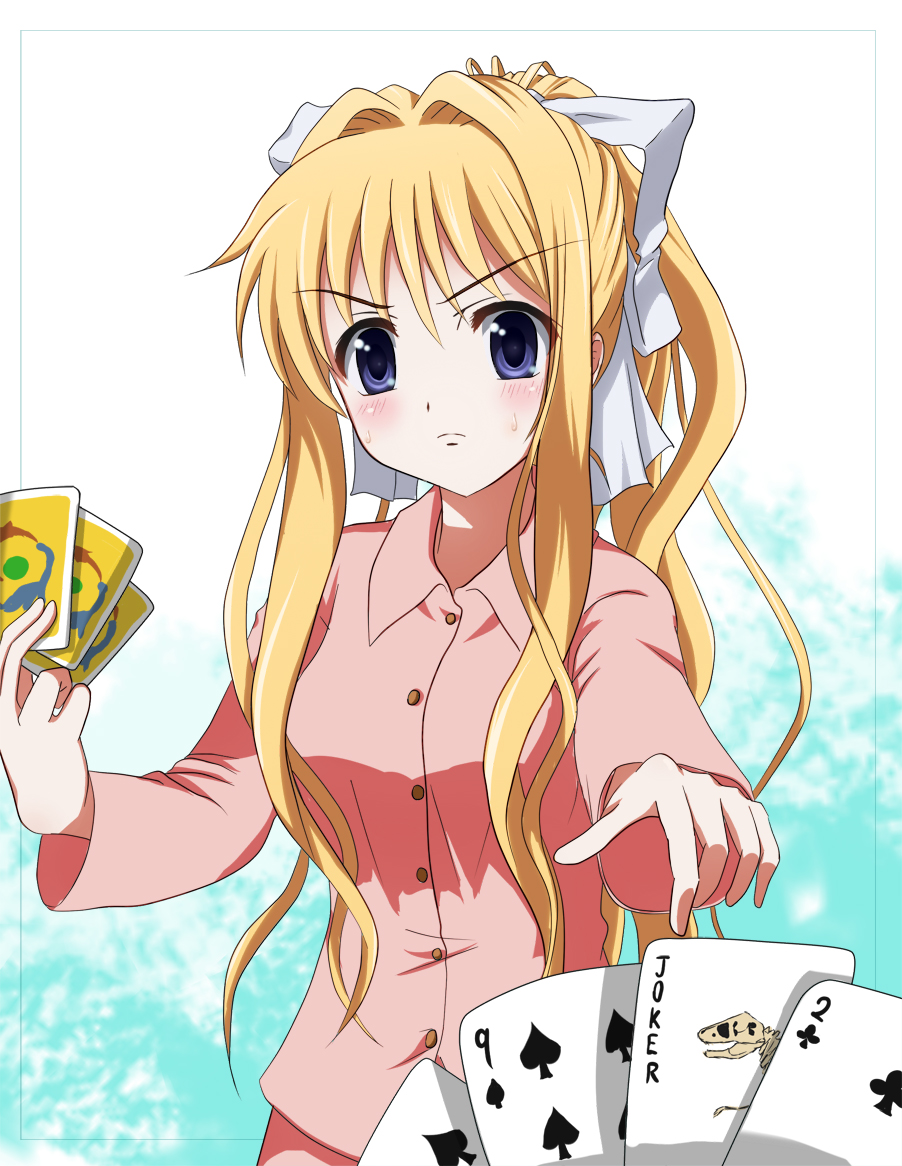 blonde_hair, blue_eyes, card, cards, dinosaur, holding, holding_card, joker