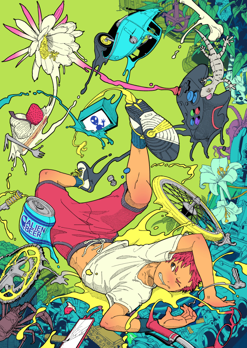 1boy, animal, arms_up, blue_socks, cake, cake_slice, can, car