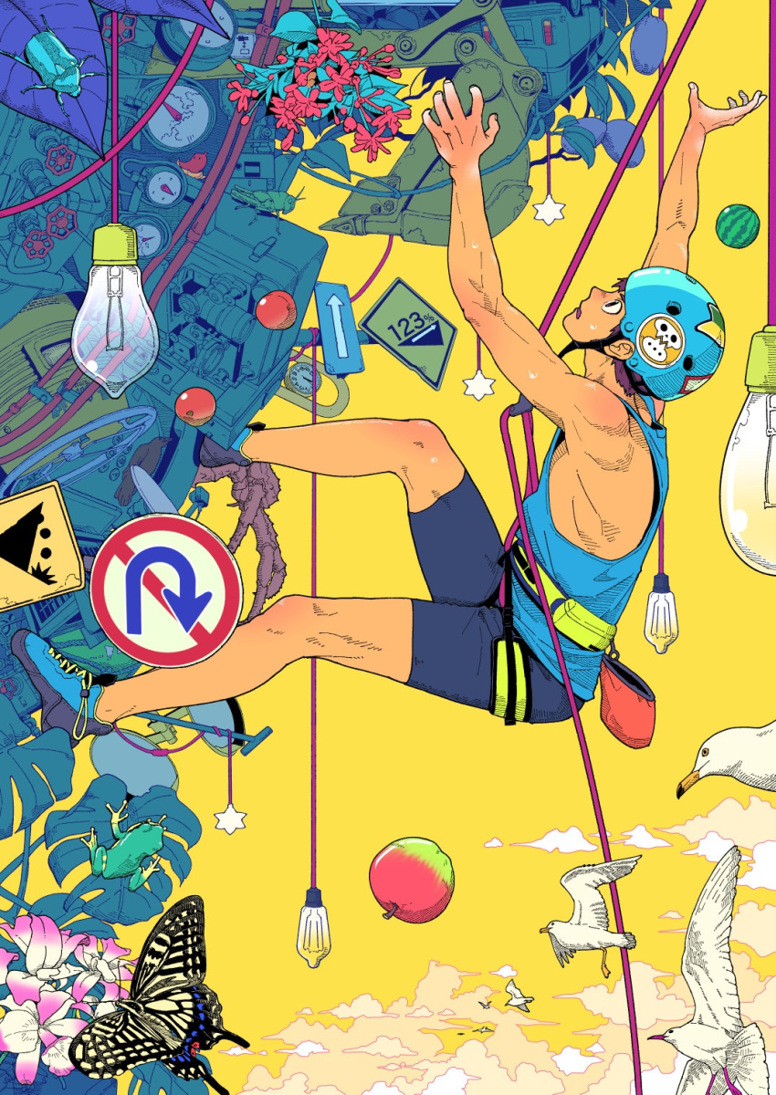 1boy, above_clouds, animal, apple, bare_shoulders, bird, blue_helmet, blue_tank_top