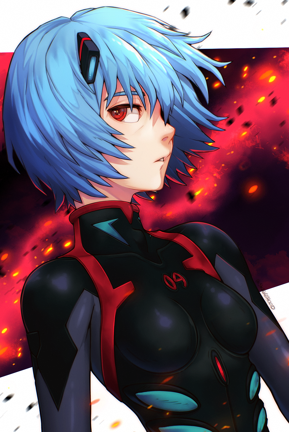 1girl, ayanami_rei, black_plugsuit, blue_hair, hair_ornament, looking_to_the_side, neon_genesis_evangelion, plugsuit, rebuild_of_evangelion, red_background, red_eyes, short_hair, skaggshoodie_(artist), small_breasts, white_background