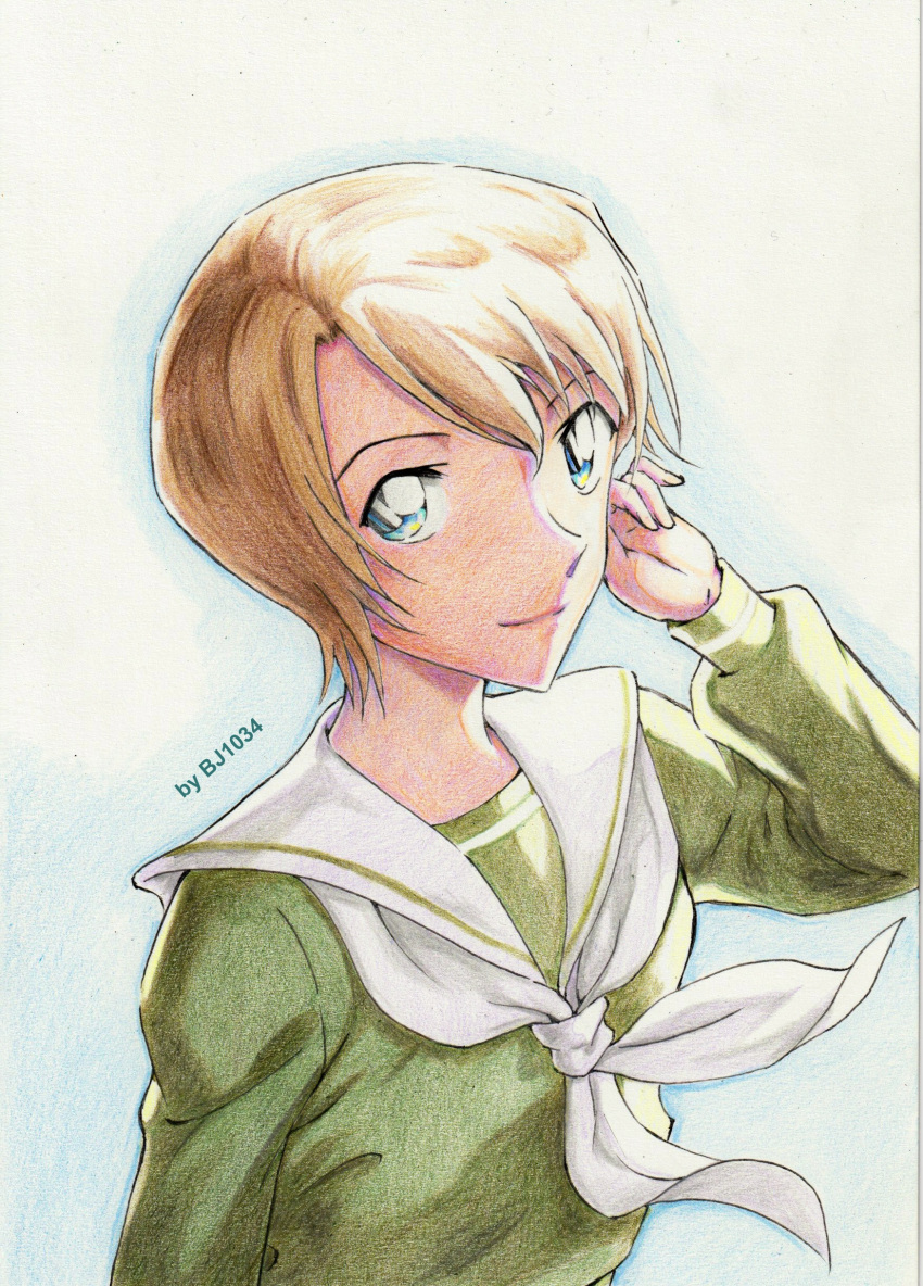 1girl, absurdres, artist_name, bj1034_(tosashi), blue_eyes, brown_hair, closed_mouth, colored_pencil_(medium)