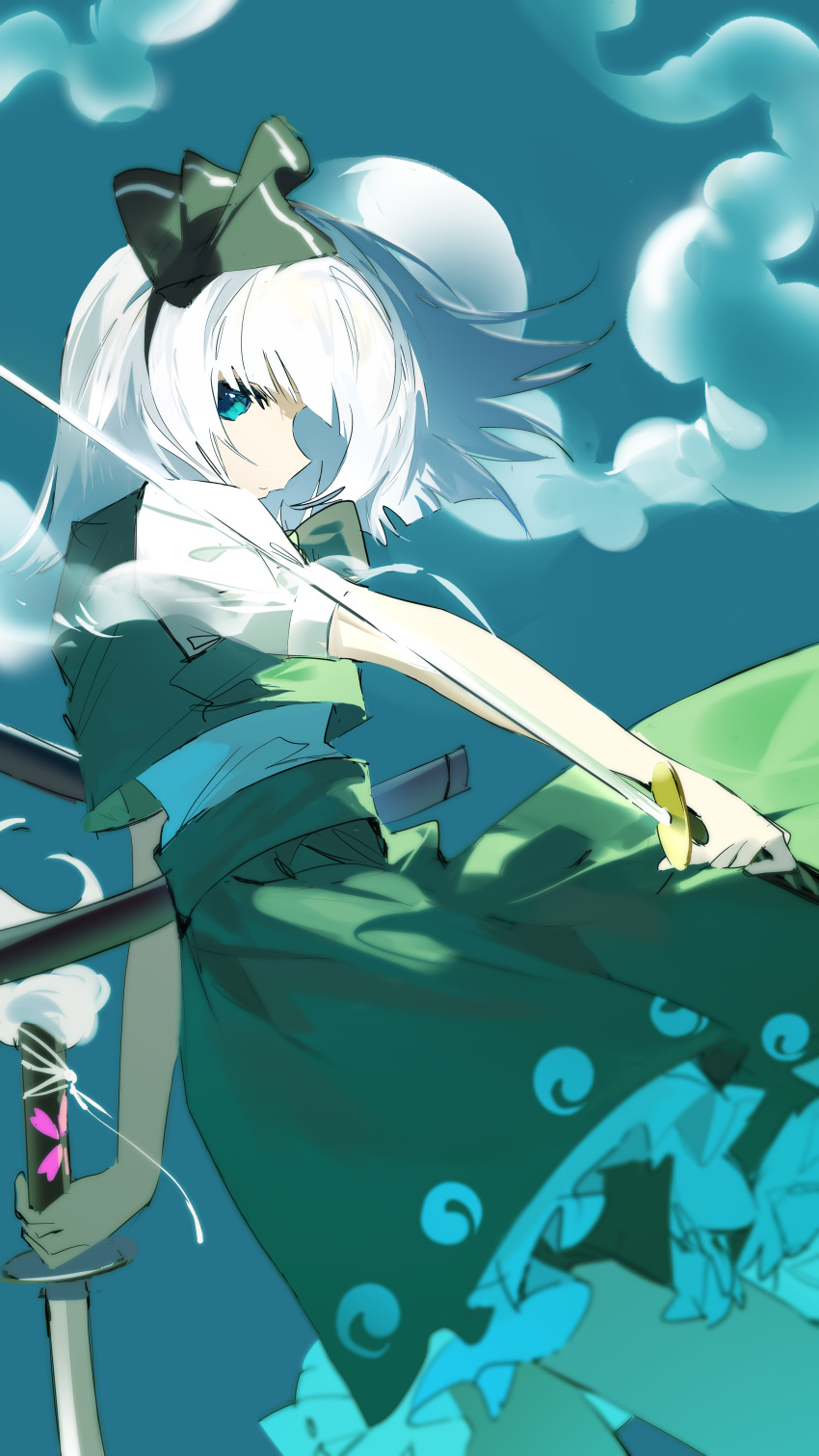 1girl, absurdres, black_hairband, black_ribbon, dual_wielding, feet_out_of_frame, frilled_skirt, frills, from_side, green_eyes, green_skirt, green_vest, grey_hair, hairband, hako_(misheyes), highres, hitodama_print, holding, holding_sword, holding_weapon, katana, konpaku_youmu, konpaku_youmu_(ghost), looking_at_viewer, print_skirt, profile, ribbon, scabbard, sheath, shirt, short_hair, short_sleeves, sideways_glance, skirt, solo, sword, touhou, vest, weapon, white_shirt